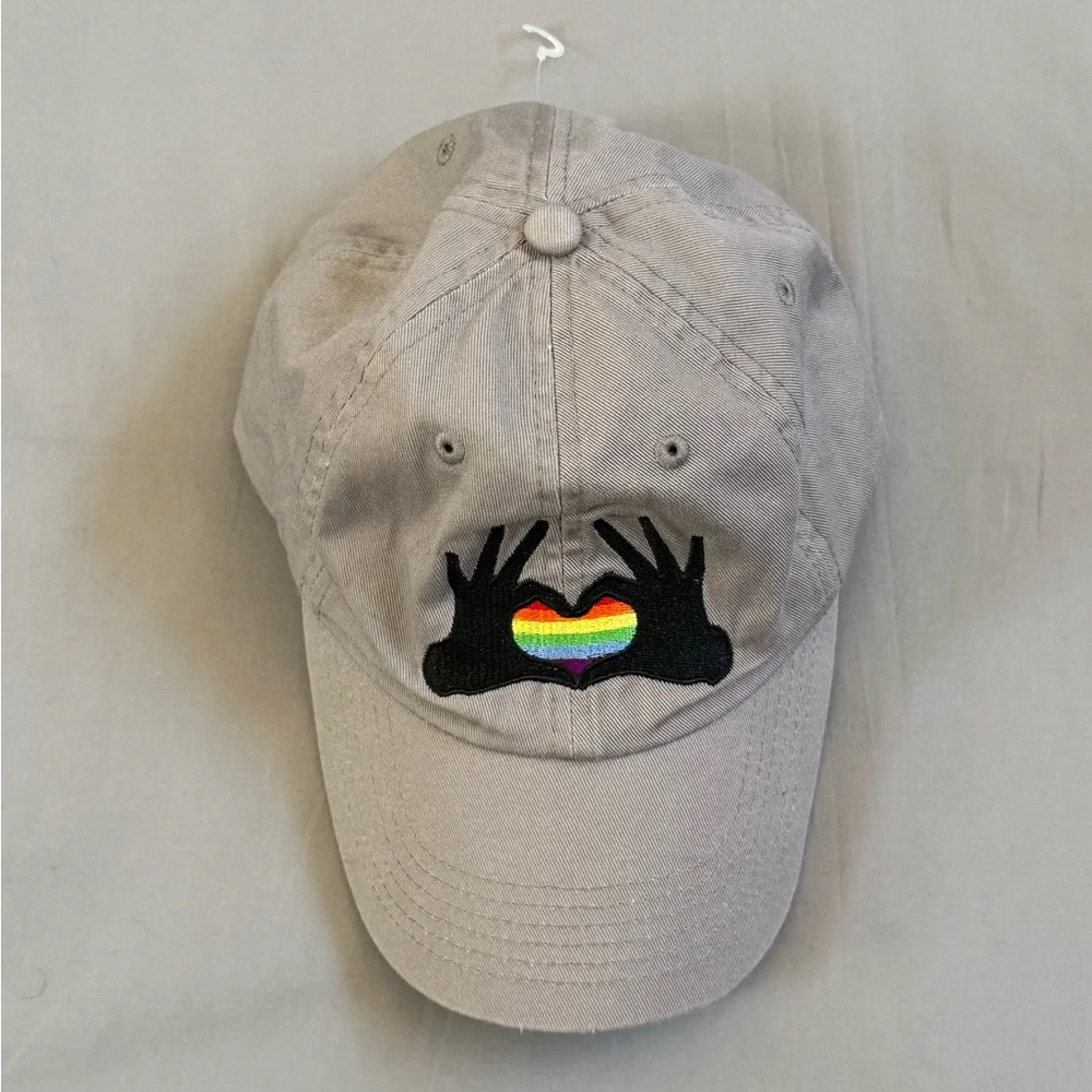 Rainbow Heart Hands Embroidered Baseball Cap Hat – Adjustable Strap – Light Grey